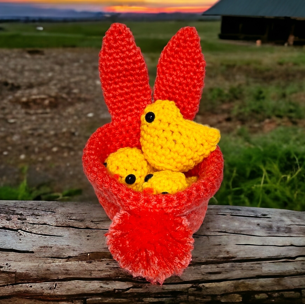 Handmade Crochet Easter Bunny Basket with Chickadees Set